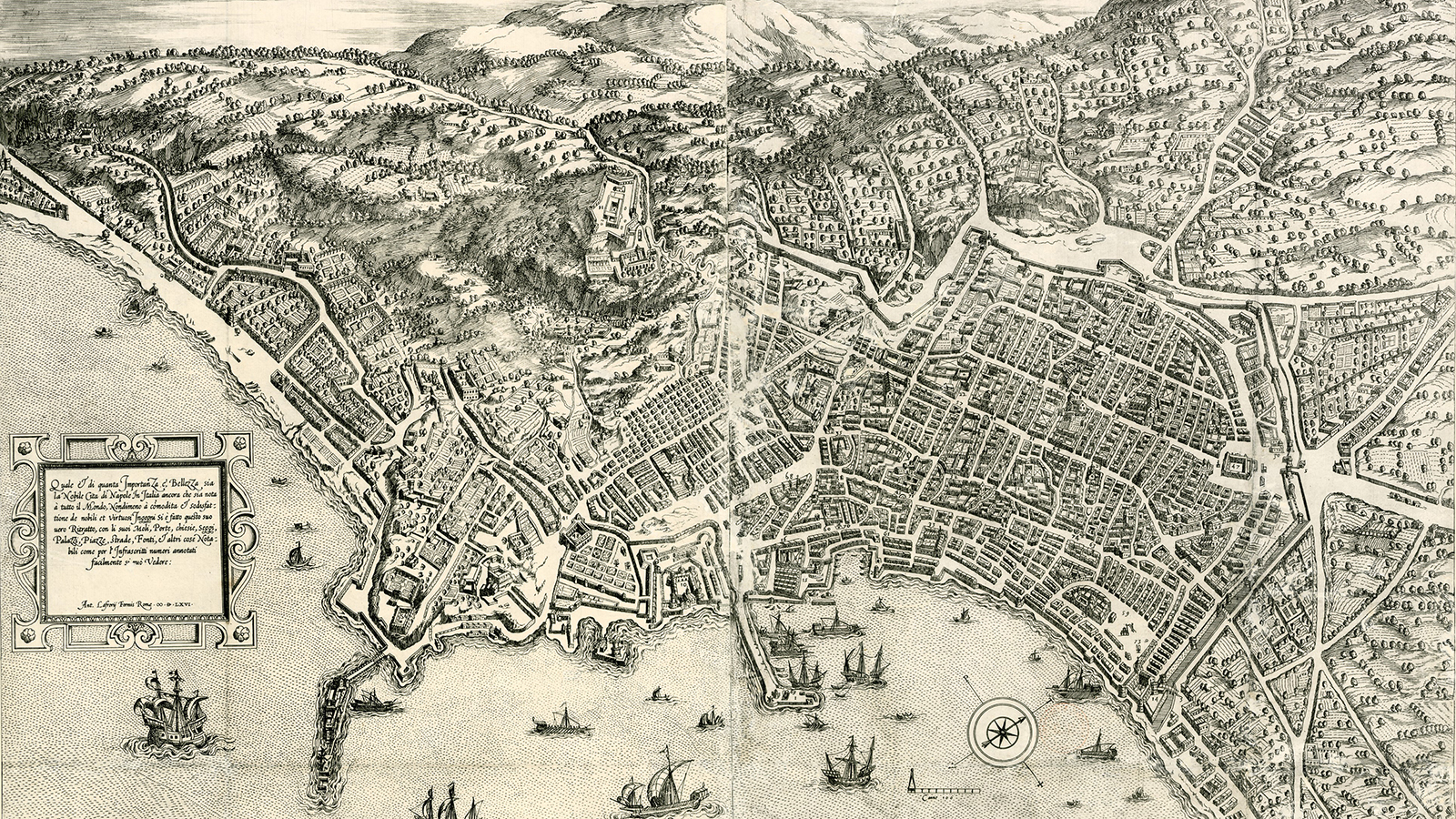 The City: Traces of Urban Memories - Naples Map A hand-drawn engraved and printed map of Naples by Étienne Du Perac and Antoine Lafréry from 1566