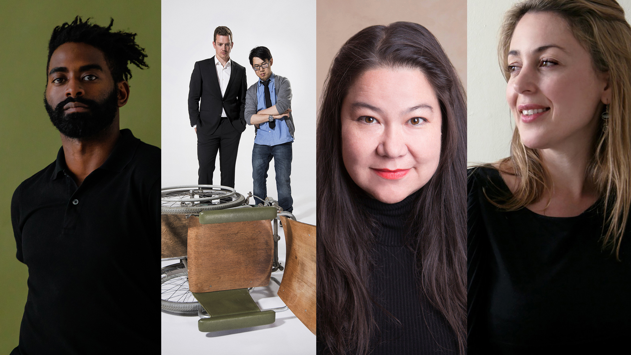 Conversations 2021 - Sensorium X Voice beyond Language Four color photos in a horizontal row depicting five people, from left to right: a dark-skinned black man wearing all black staring straight on against a green backdrop; two men standing and looking down at a wheelchair lying on its side in front of them; headshot of woman with long brown hair and brown eyes, red lipstick, and a small smile, wearing black shirt; and headshot of woman with light brown hair and brown eyes in 3/4 profile, wearing a black top