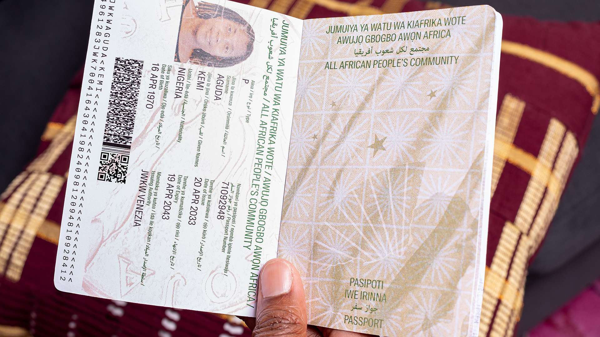 Dread Scott Color photograph of a hand holding an artist-designed passport