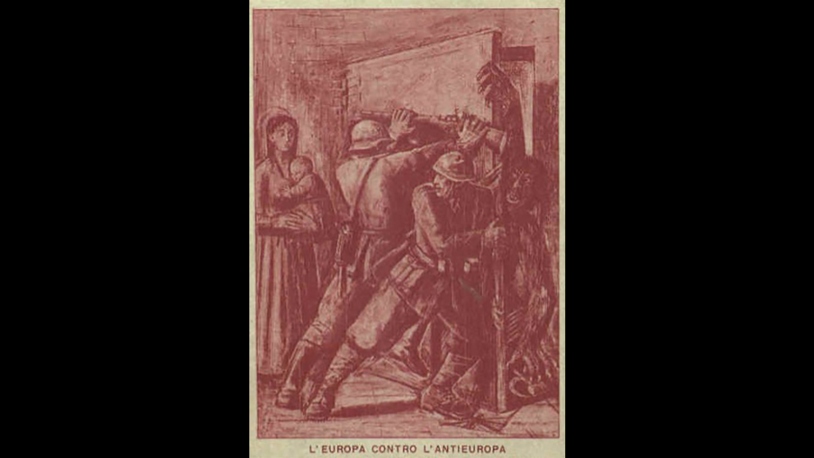 Europa Monochromatic red print showing modern soldiers trying to close a door while a monster attempts to come inside. To the left of the soldiers is a mother holding an infant