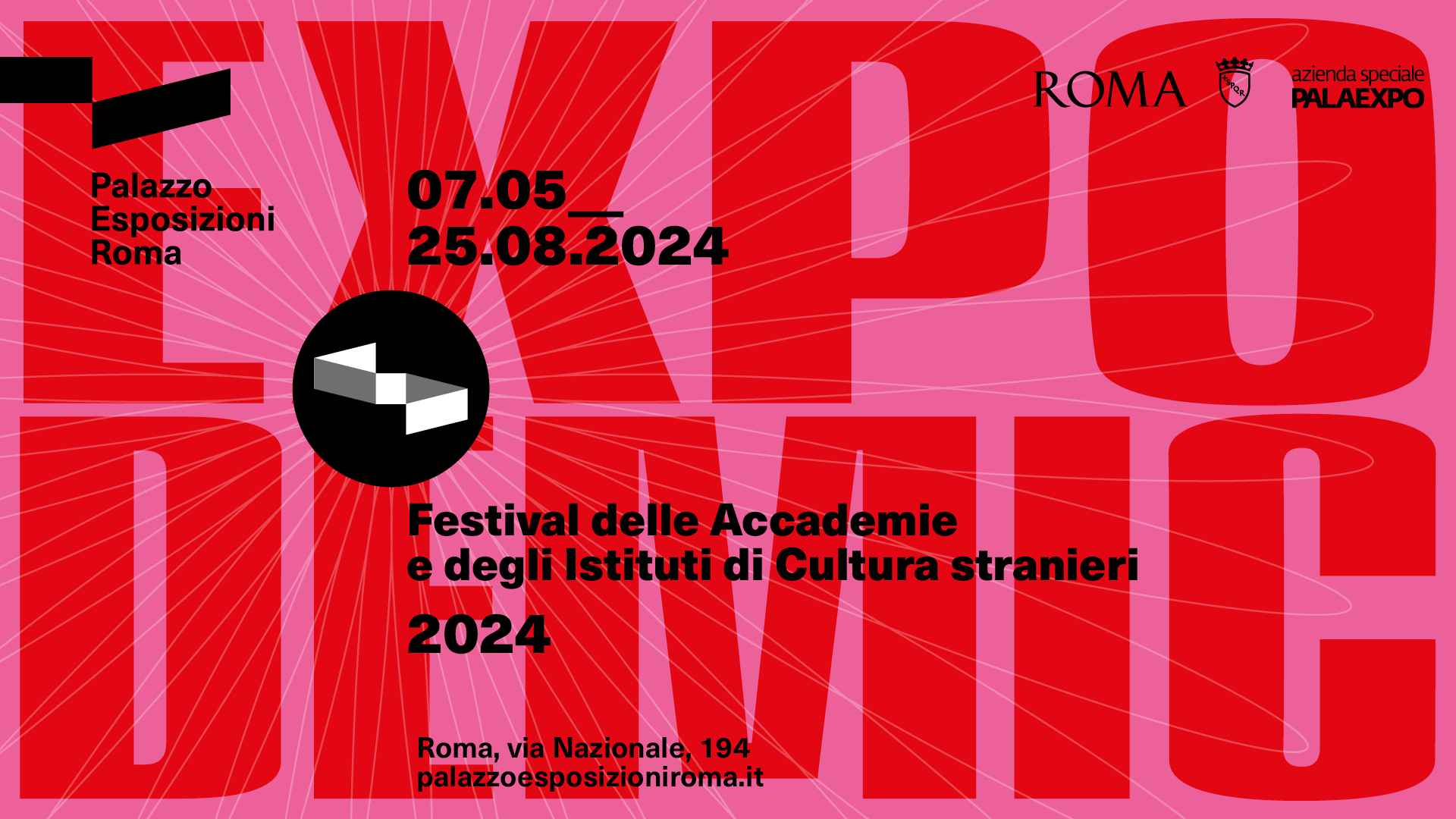 Expodemic Graphic design digital flyer with an exhibition, with a lot of text about the title, location, etc., in pink, red, and black