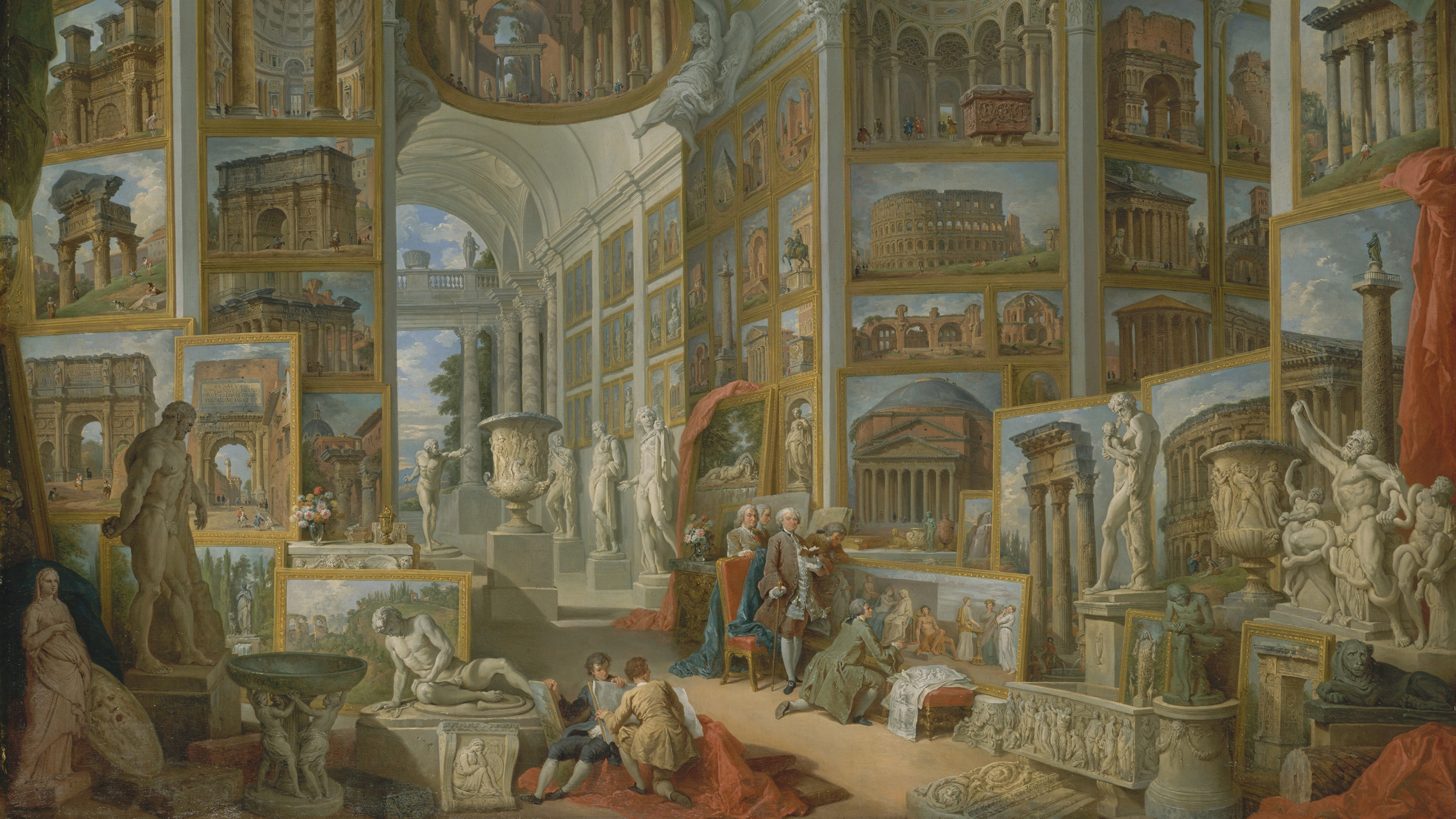 Giovanni Paolo Panini - Ancient Rome color reproduction of a 18th century painting depicting a large hall full of famous antique sculpture on the floor and paintings of Roman monuments and buildings hung salon style on the walls