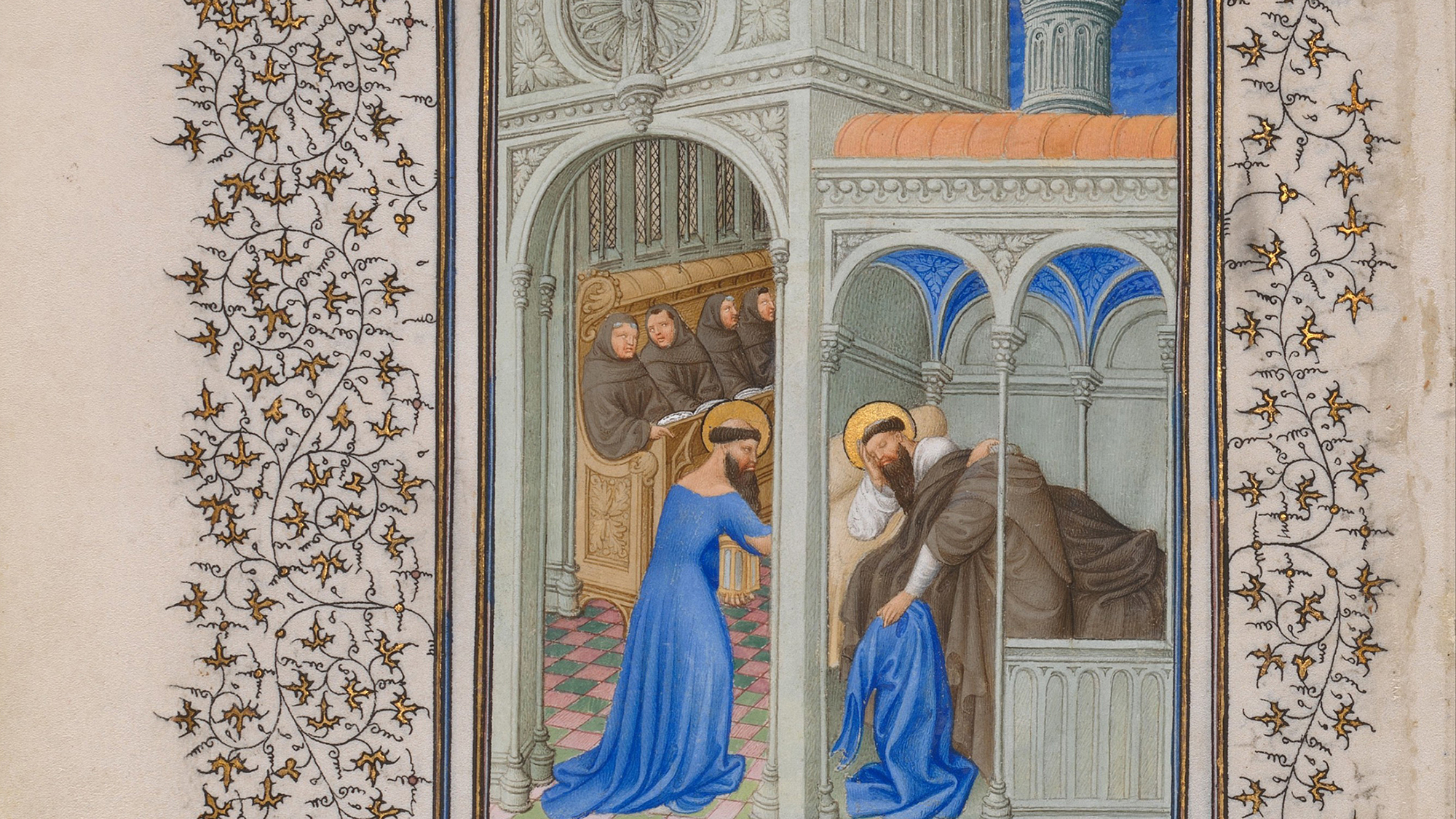 Jerome Lectures - Amy Richlin - dress detail of an illustrated manuscript showing a man wearing a long blue dress and kneeling in front of his fellow monks