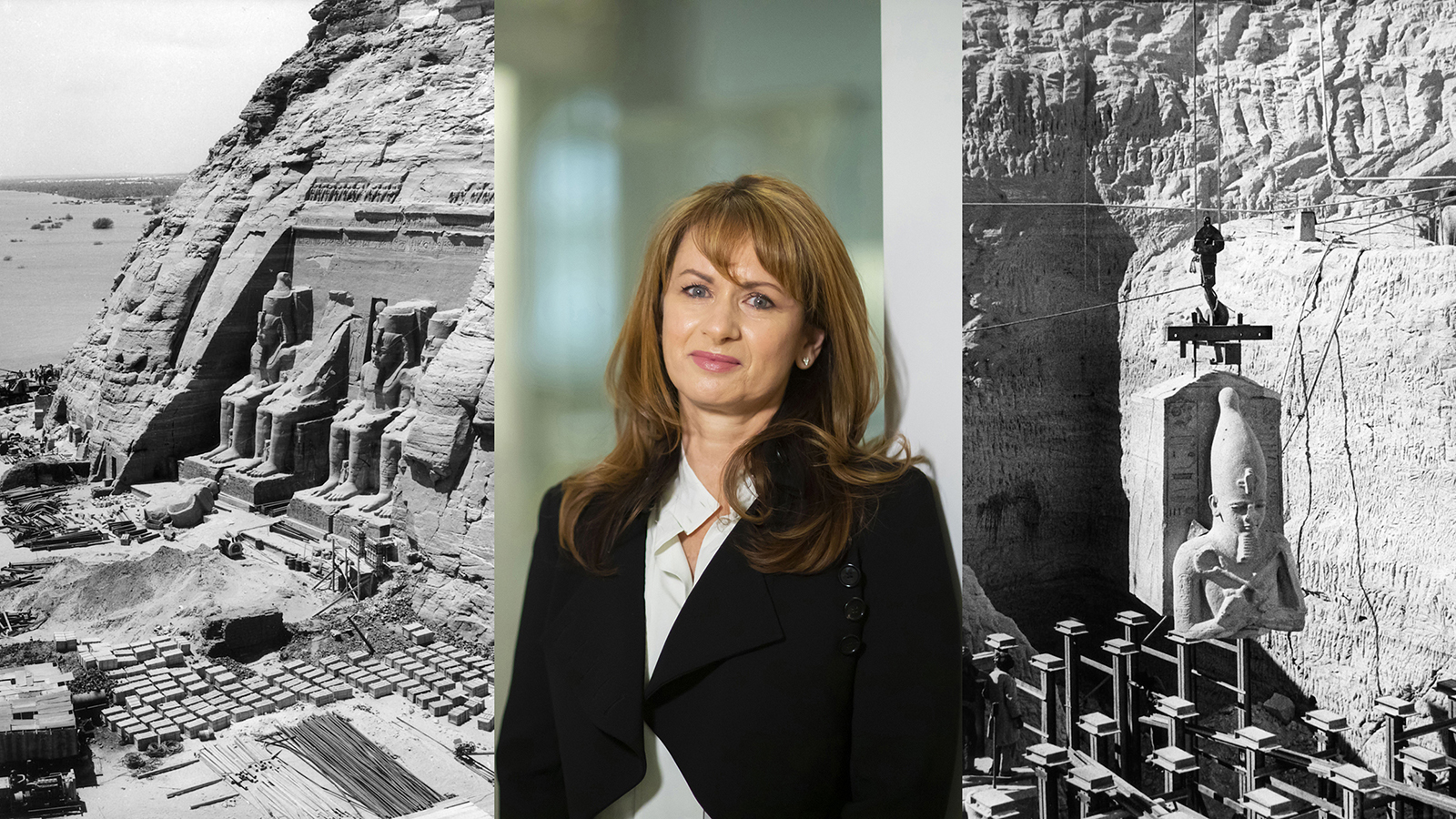 Jerome Lectures - Lynn Meskell 1 Composite of three images: color portrait of a light skinned, brown haired woman wearing a dark blazer and white shirt in the center, flanked by two black and white photographs of a crane moving a large stone Egyptian monument of a seated figure