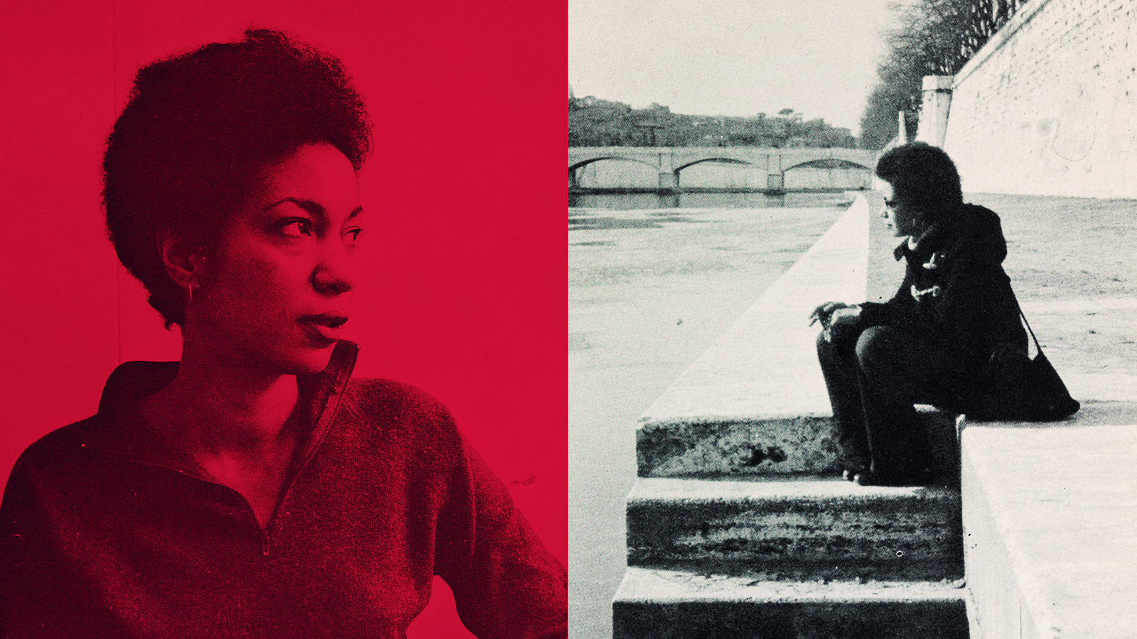 June Jordan Poetry of Design Two adjacent images: on the left is a photograph of the head and torso of a dark skinned woman in profile, with a red filter covering the image; on the left is a black and white photograph of the same woman shown seated on stairs on a concrete embankment on the Tiber River
