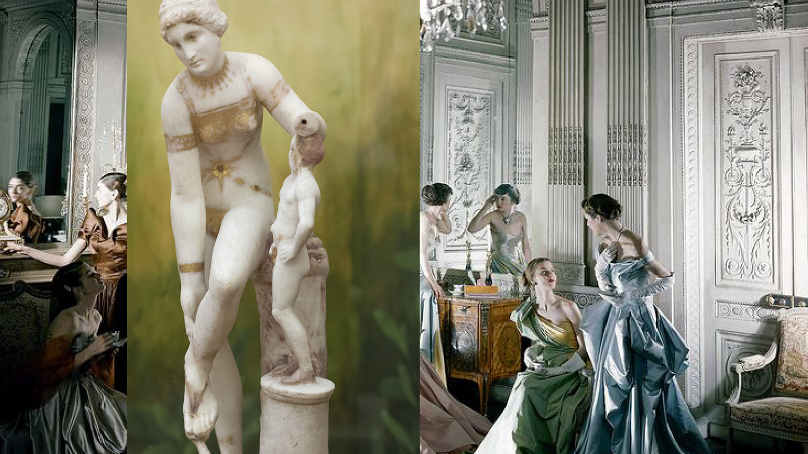 Language of Objects Composite image showing a color photograph of light skinned woman in ball gowns in an elegant room on the left and right, bisected by a color photo of a Greek or Roman statue of a young woman adjusting her sandal