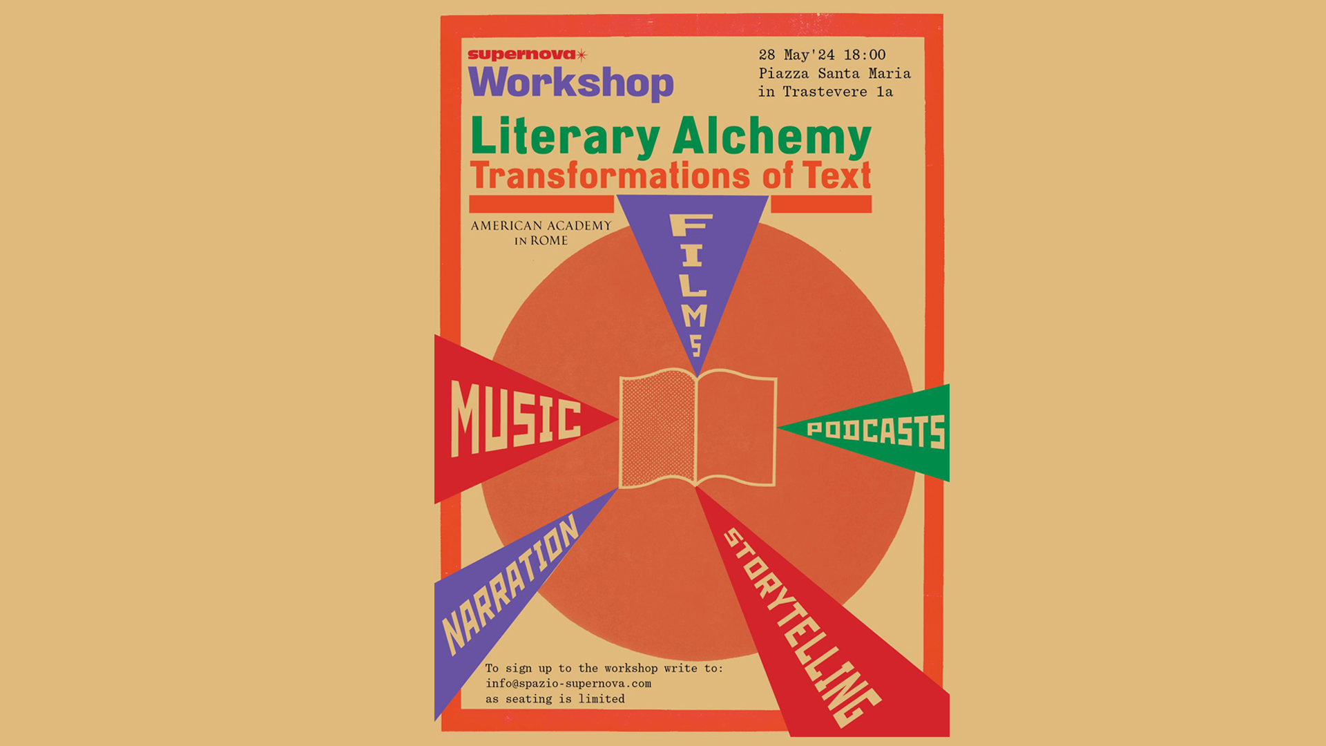 Literary Alchemy Graphic design for a literary program, with words and geometric shapes in purple, green, red, and orange