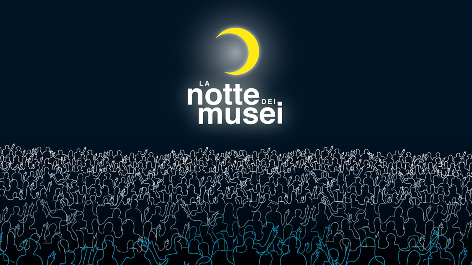 Notte dei Musei 2023 Graphically designed element featuring a crescent moon above a sea of people outlined with white lines, against a dark blue background