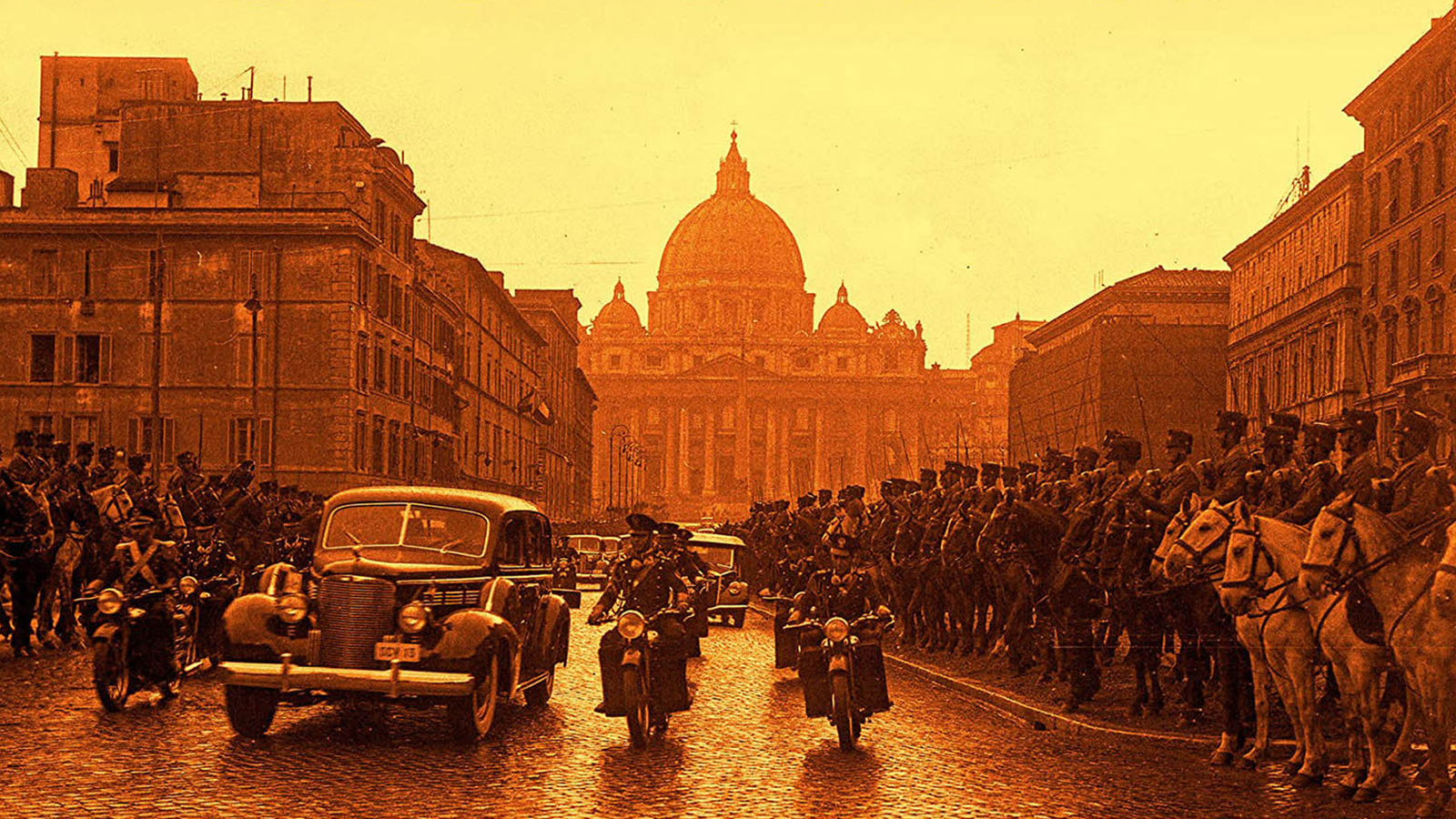 Pope at War Detail of the cover of David Kertzer's book The Pope at War, showing a yellow and orange tinted photograph of a Roman avenue, with a car and men on motorcycles driving toward the photographer; to the right and left sides of the road are soldiers on horseback