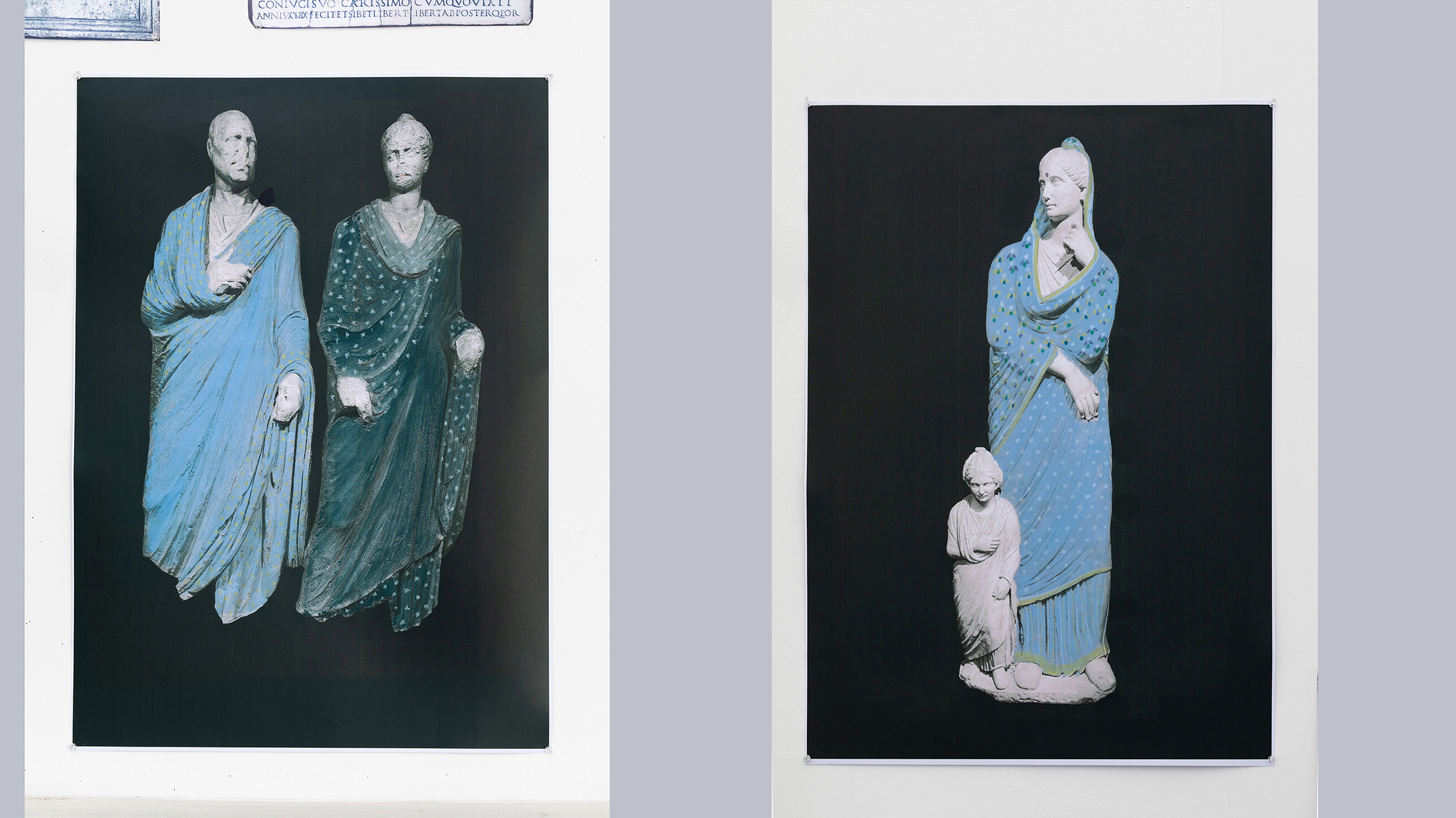 Reception across the Disciplines - Chopra Two adjacent color photographs showing ancient Roman figurative sculptures wearing colorful saris