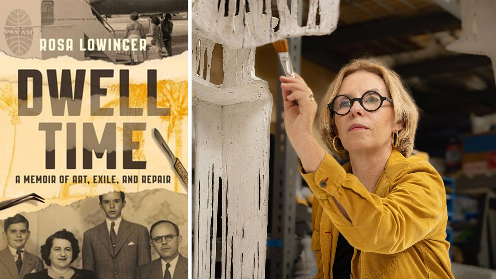 Rosa Lowinger SOF Image of the book cover for Dwell Time on the left, an a color portrait of a light skinned woman raising a paintbrush on the right