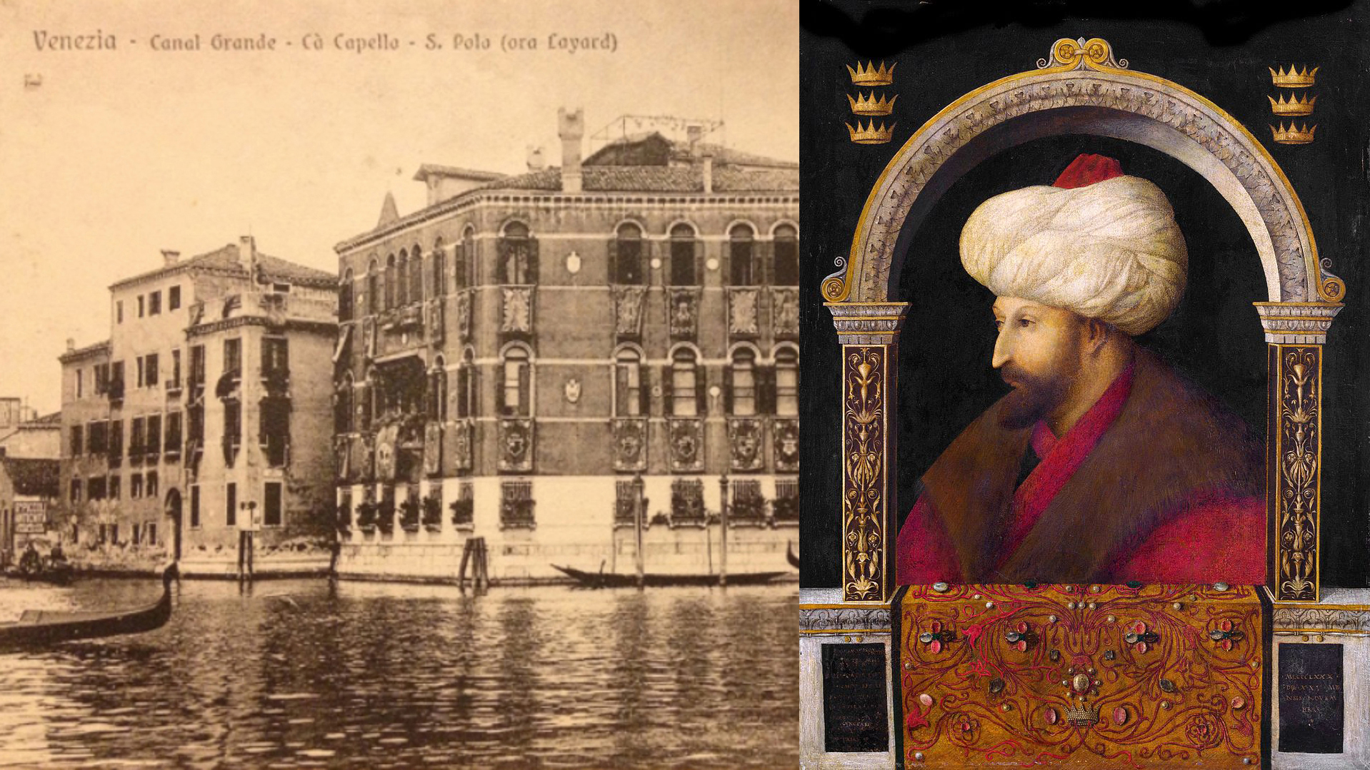 Shoptalk - Elizabeth Rodini Composite image showing a detail of postcard of Venice on the left, and a painted portrait of Sultan Mehmet II by Gentile Bellini on the right