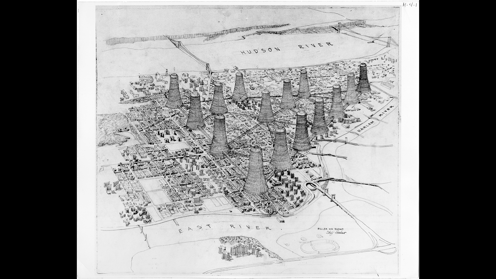 Skyrise for Harlem Black and white reproduction of a bird's eye view of upper Manhattan, with large towers interspersed among the lower-rise buildings