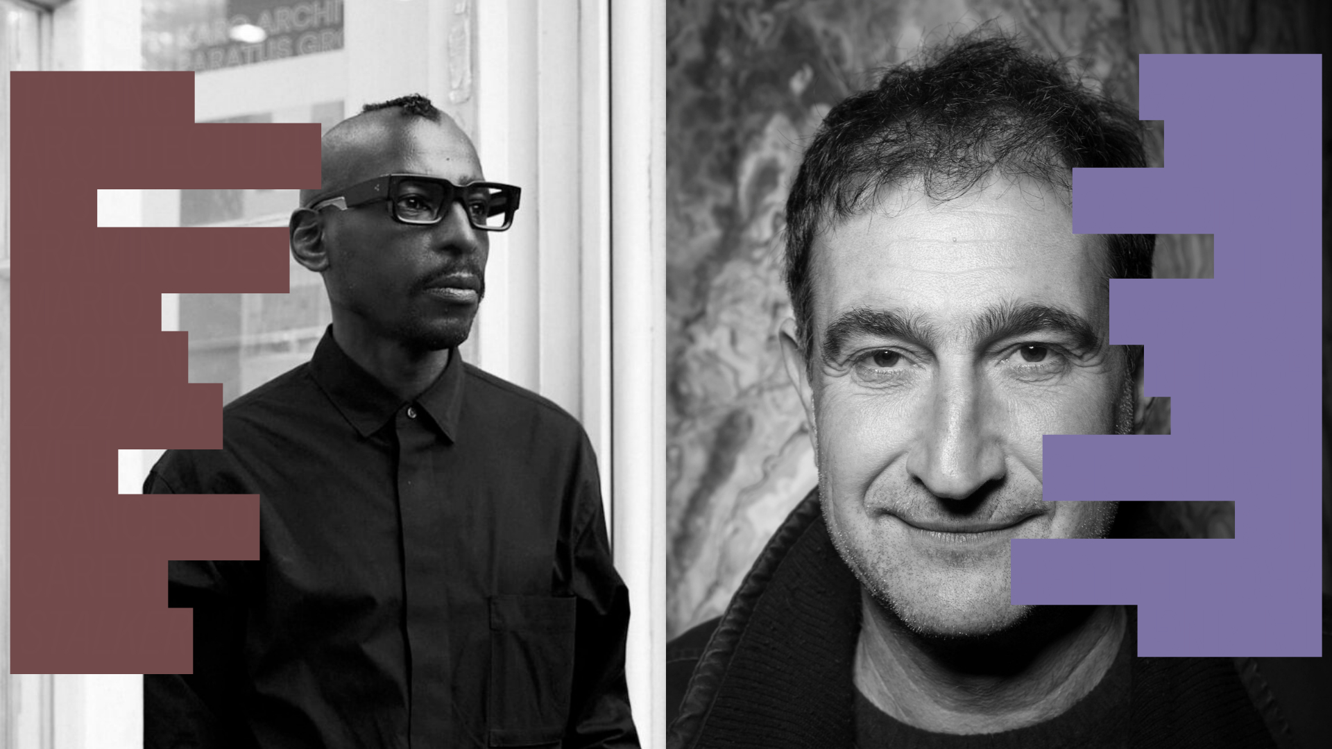 Talking Architecture No 3 A split screen image showing two men, with graphical shapes