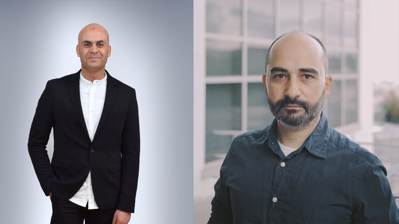 Two color photographs placed side by side: on the left is an olive-skinned man seen from the waste up; he wears a dark blazer over a white shirt and looks at the cameera; on the right is the head and torso of an olived-skinned man wearing an open collar shirt and a beard and looking at the camera