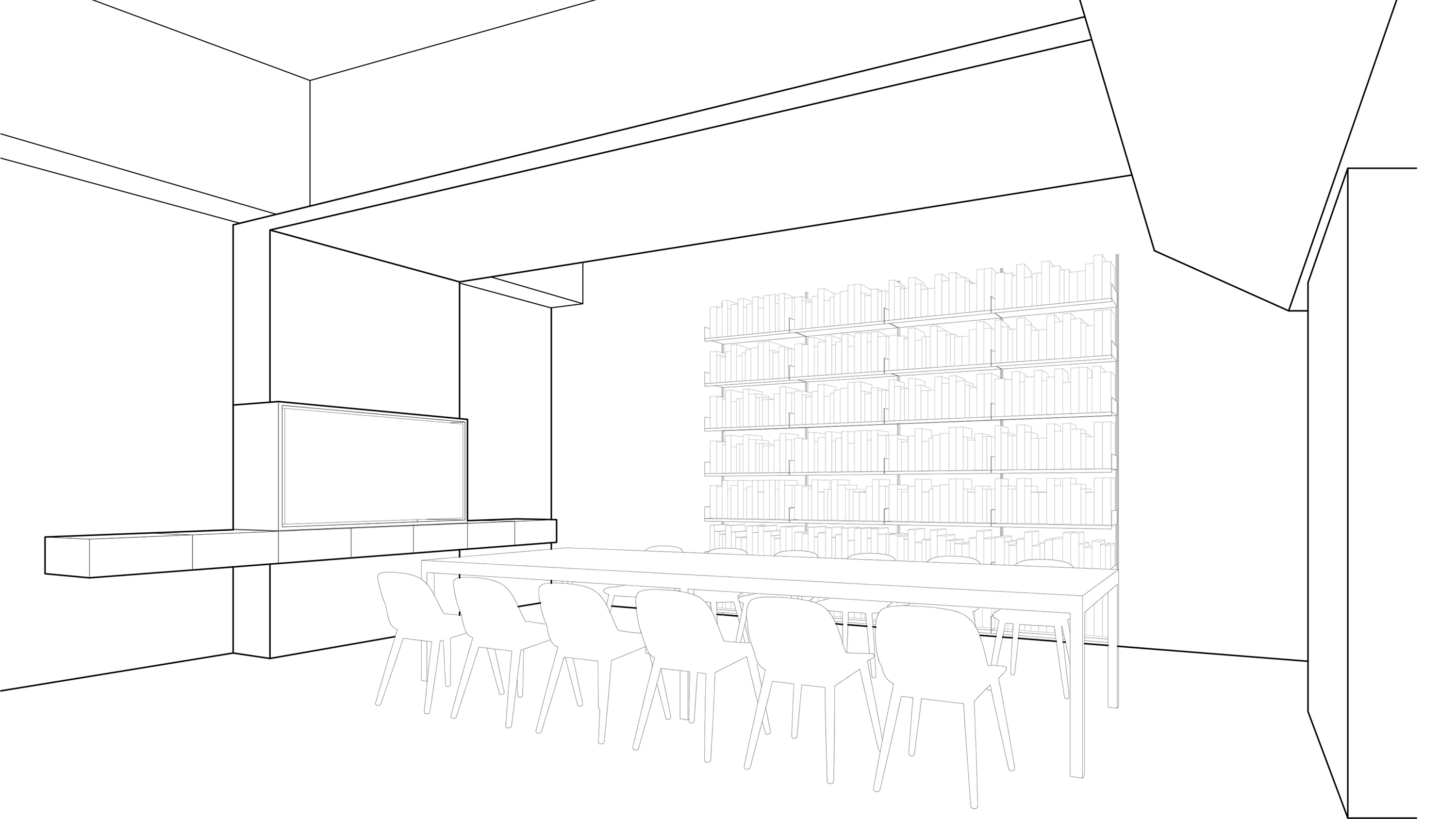 a minimal digital schematic architectural rendering of an office conference room with chairs, long table, and bookshelves