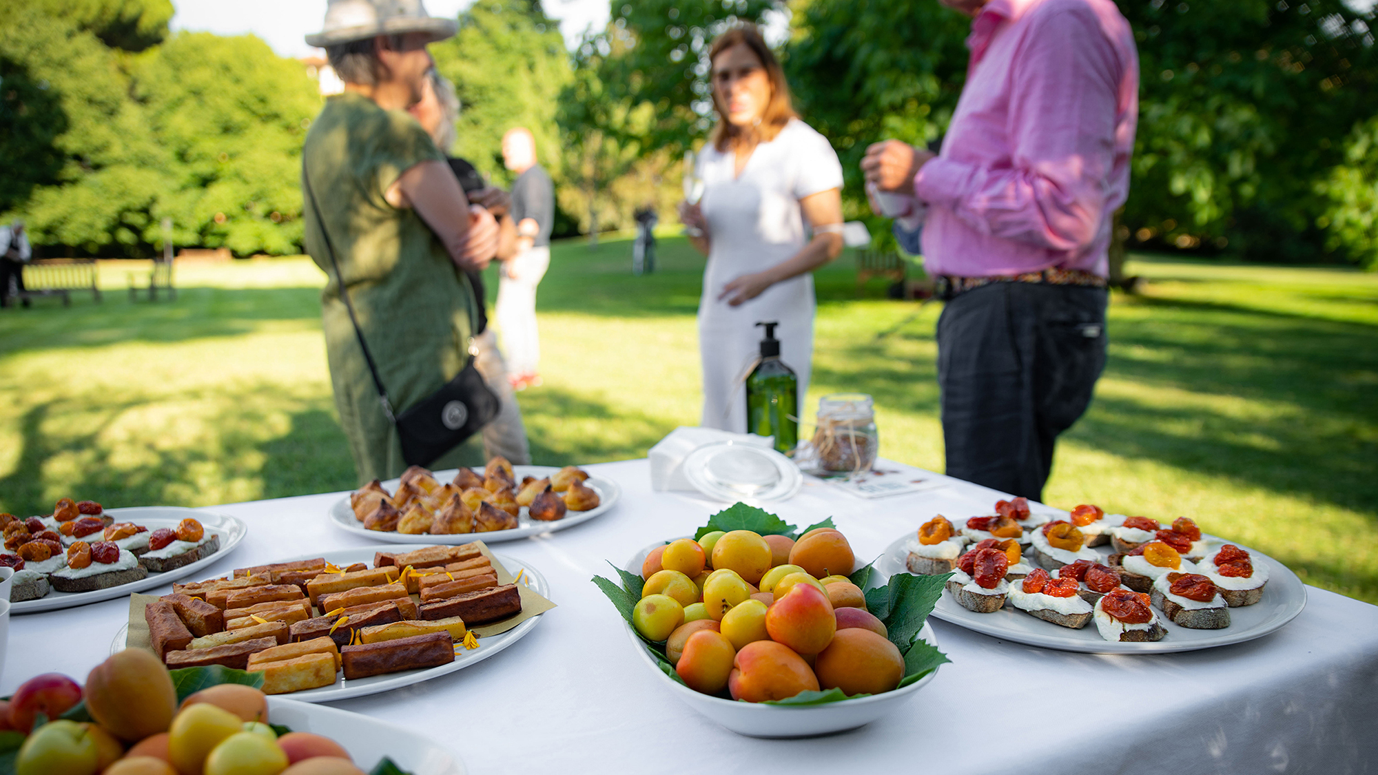 Color photograph of a table with several plates of hors d'oeurves, with three people standing behind the table in a garden