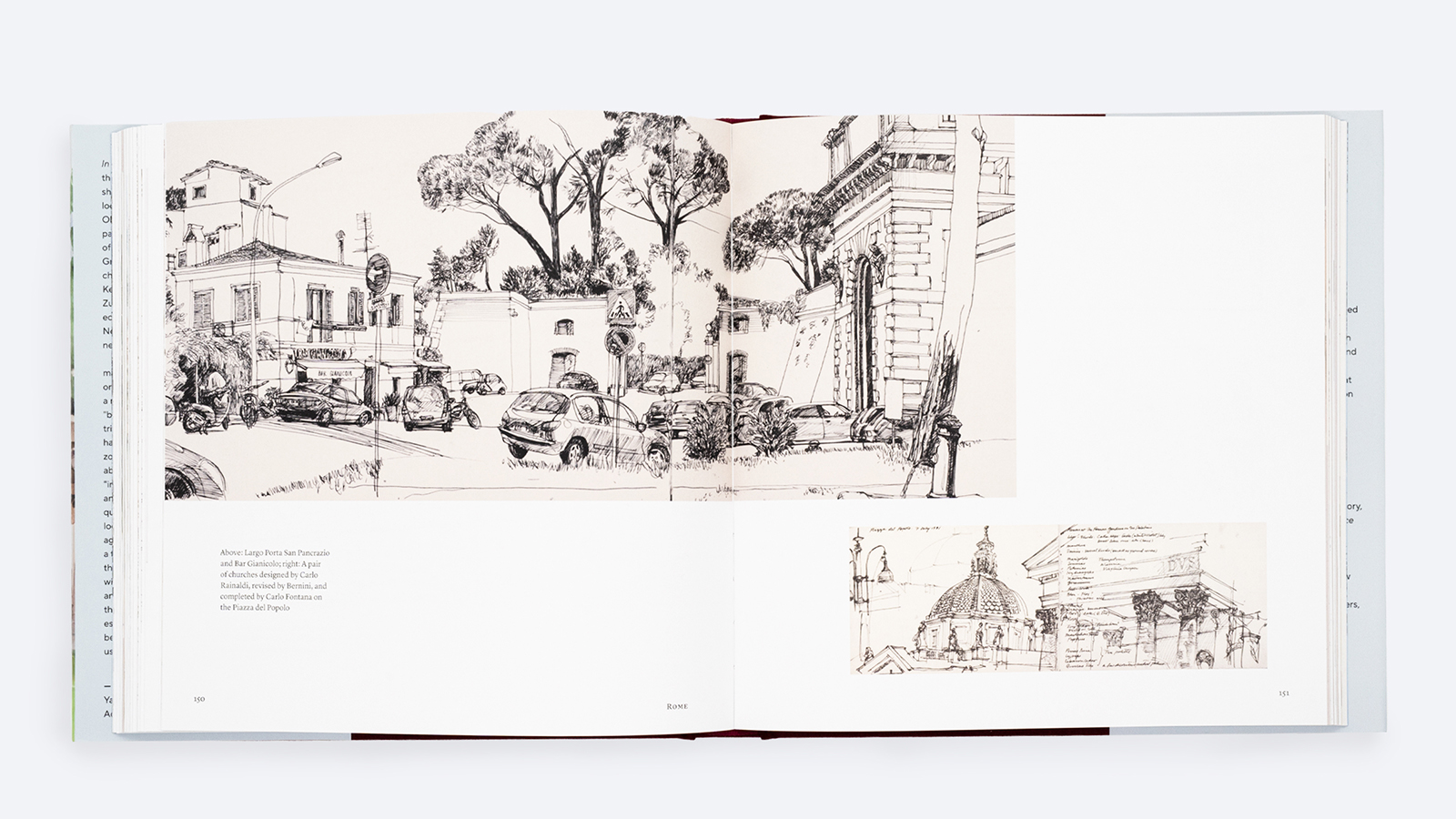 Color photograph of a double page spread of a book; pictured are two drawings of street scenes in Rome
