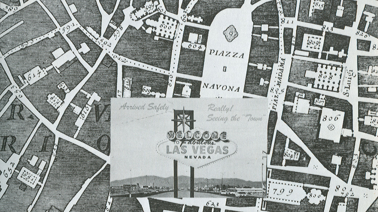 Detail of figure 17 of Robert Venturi and Denise Scott Brown’s book Learning from Las Vegas, showing a Las Vega postcard centered on a closeup of a famous map of Rome