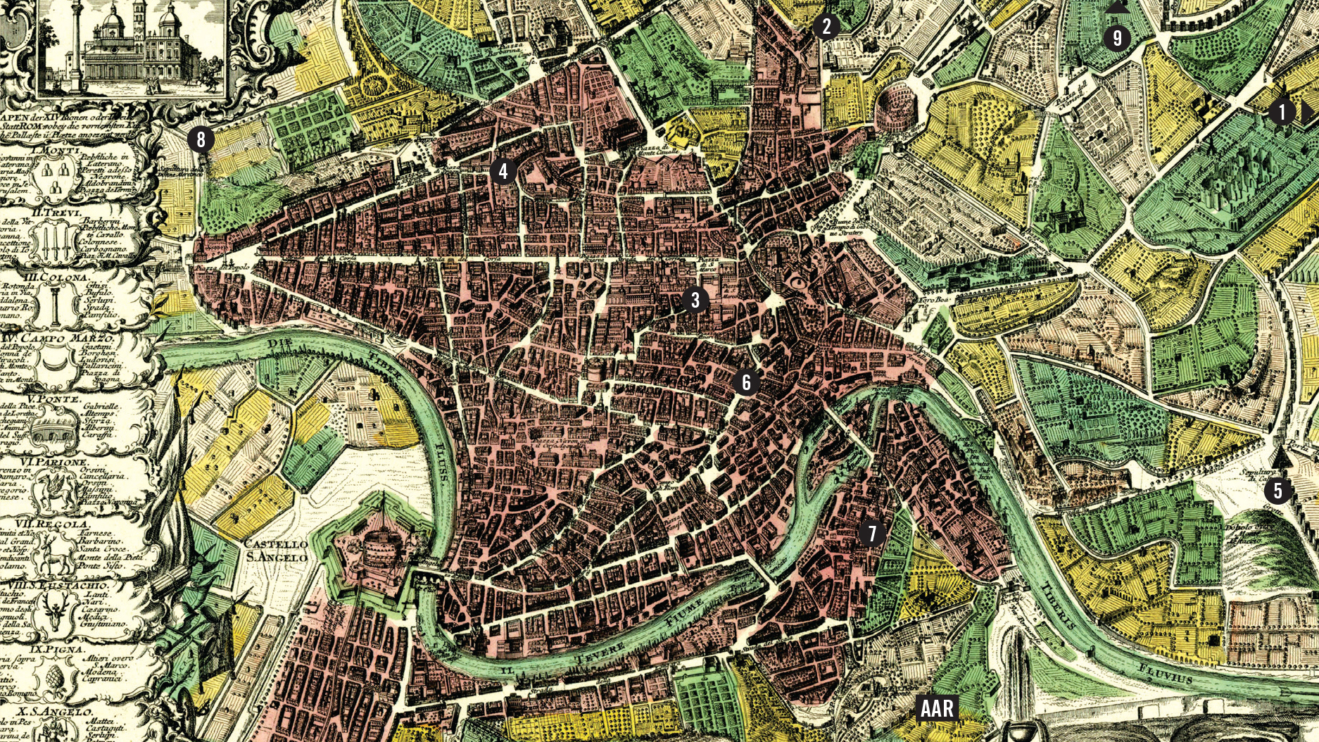 Color reproduction of a colorful map of Rome from centuries ago