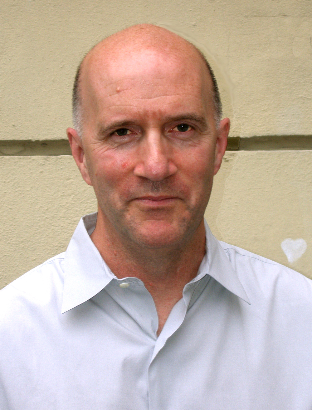 Hal Foster Color photograph of the head and torso of a light skinned bald man looking at the camera with a serious expression