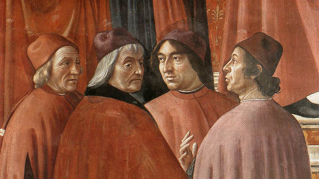 Detail of Domenico Ghirlandaio's painting of &quot;Angel Appearing to Zacharias&quot; showing four light-skinned men wearing long robes and hats in various shades of red