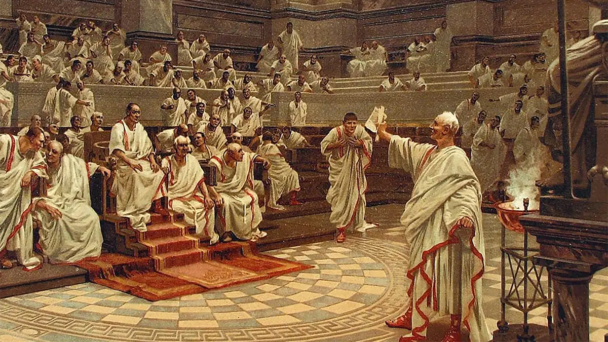 Painting of Cicero delivering a speech before the Roman senate