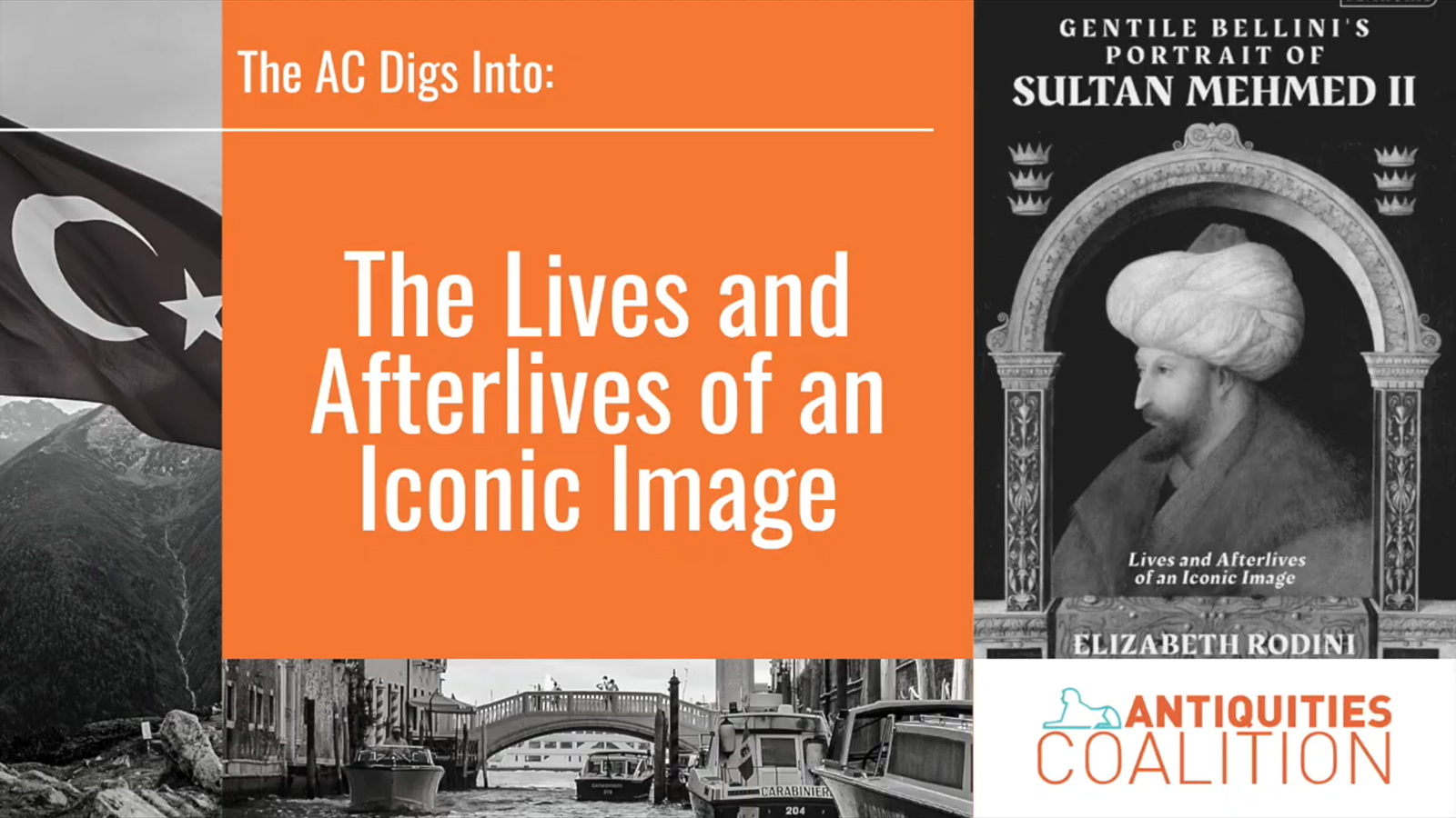 Color screenshot of the title card for Elizabeth Rodini's video interview with the Antiquities Coalition