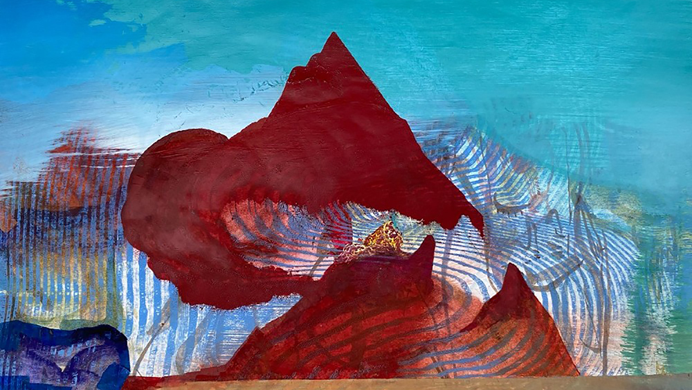 Colorful abstract artwork in oil and pencil,  in aqua, red, brown, purple, and green