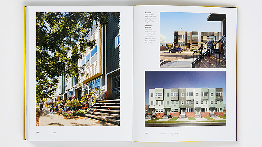 Color photo of a double page spread in a book, with three color photos of apartment buildings