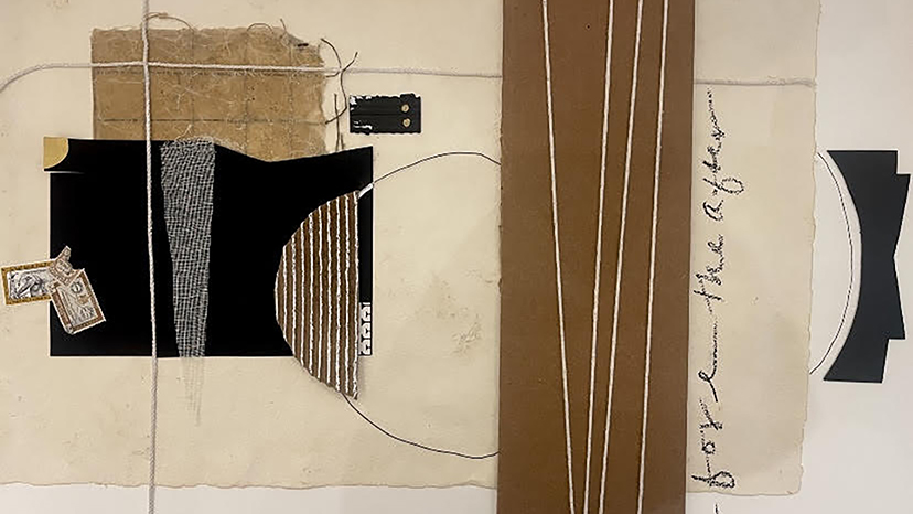 A geometrically arranged collage of paper, stamps, and strings in shades of tan, brown, and black