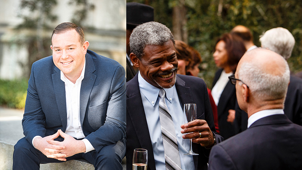 Two color photographs side by side: on the left, a light skinned man wearing a suit is sitting in an outdoor location, smiling at the camera; on the right, a dark skinned man wearing a suit and tie and holding a glass of prosecco talks to a light skinned man in a suit in an outdoor garden location at the American Academy in Rome