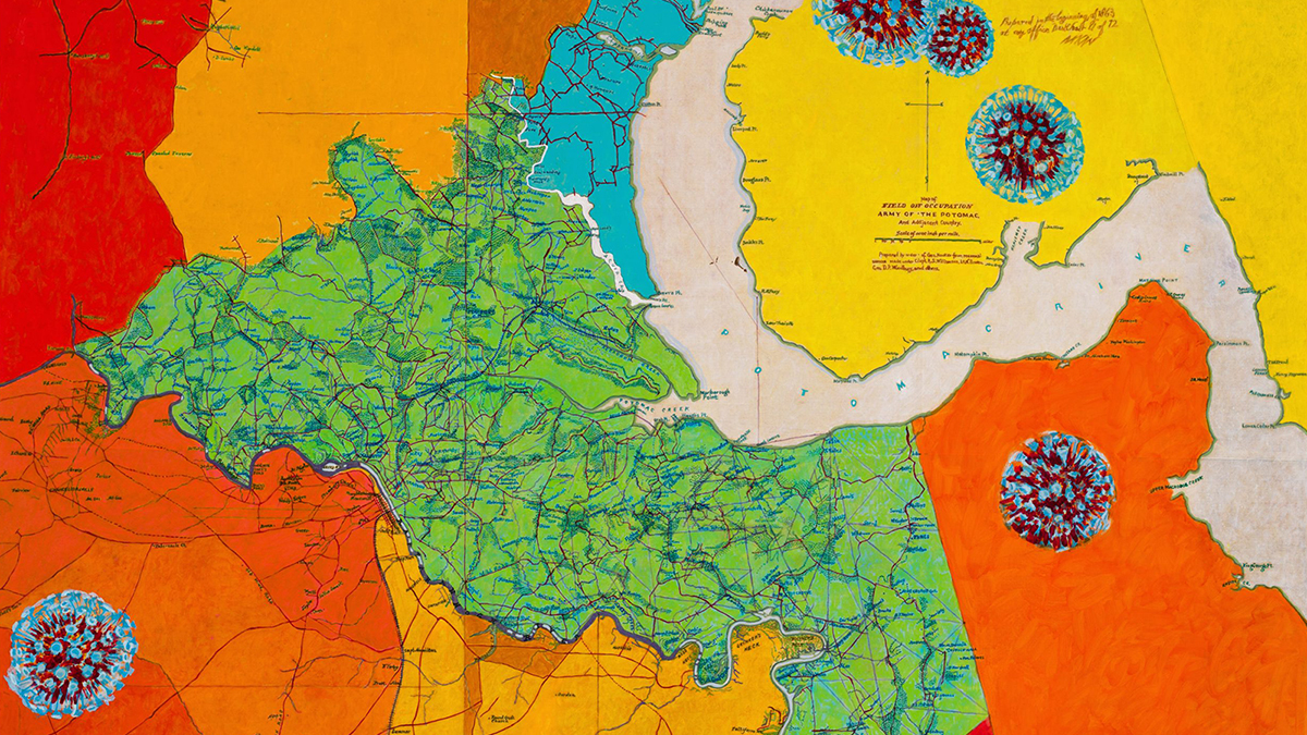 Color reproduction of an artwork depicting a multicolored map