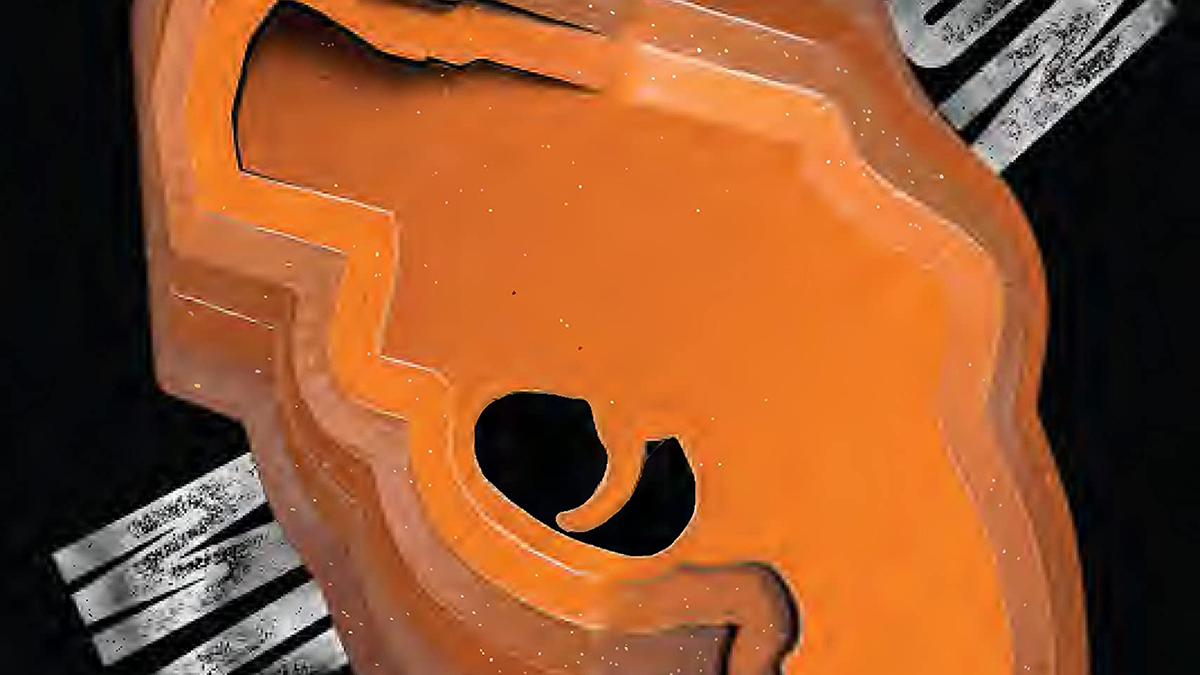 Detail of a book cover depicting an absracted handgun colored in orange