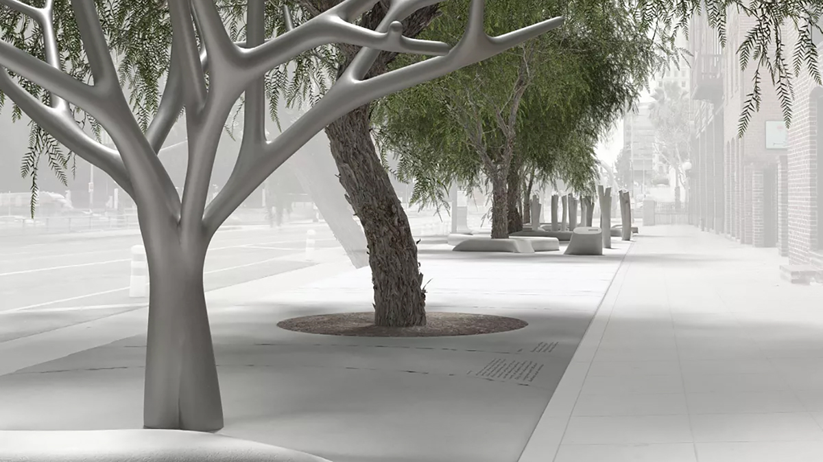 Digital drawing of a proposed memorial, depicting an artificial tree with no branches on a city sidewalk