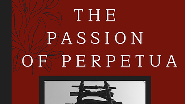 Detail of a book cover featuring words of the book's title, The Passion of Perpetua, in white against a crimson background; below that is a cropped black and white photograph showing the top few rungs of a ladder made from wooden sticks