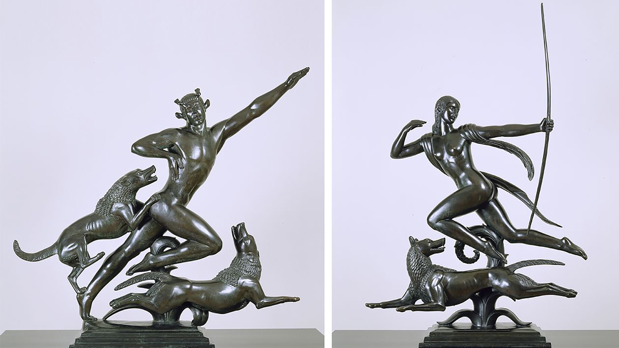 Color photographs of two small Paul Manship bronze sculptures from 1925—Actaeon (left) and Diana (right)—that show a nude male and female figures accompanied by doglike animals