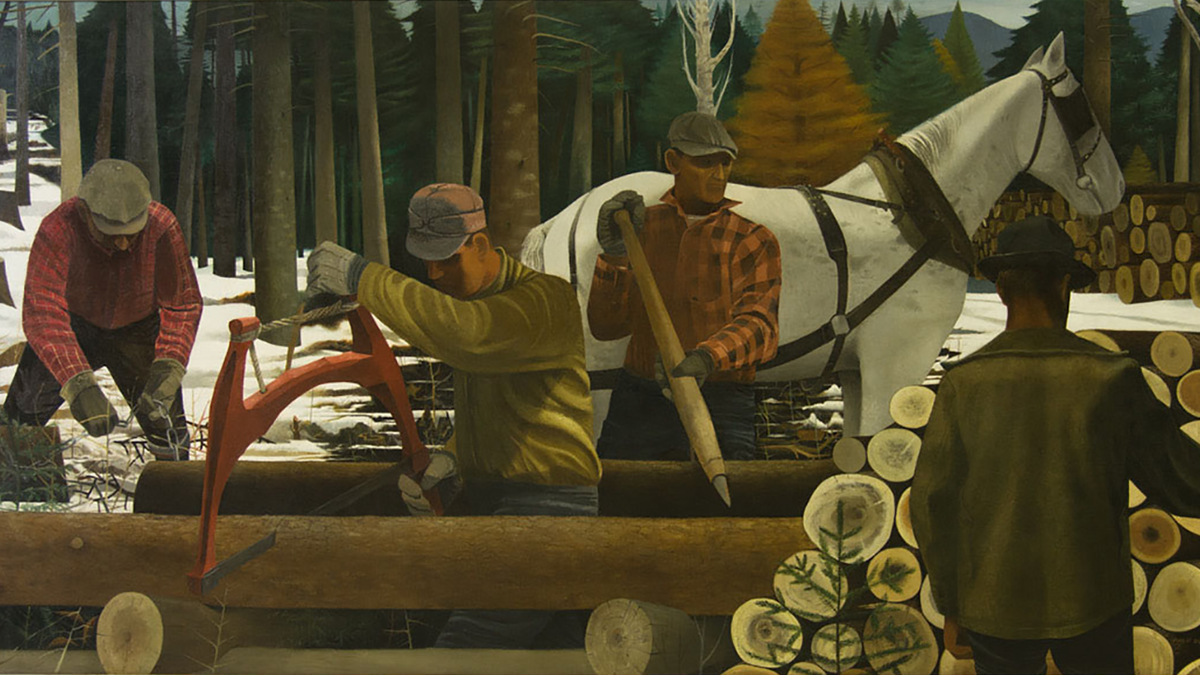 Detail of a painting by Philip Guston depicting four men and a white horse working outdoors in a snowy forest; the men are shown conducting various tasks associated with the loggin industry