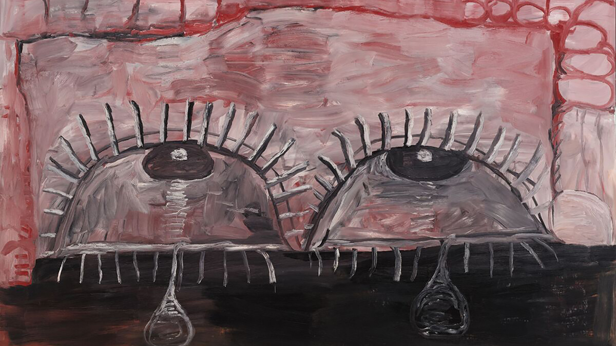 Detail of a Philip Guston painting with two large cartoonish eyeballs with eyelashes resting on a black horizontal surface looking up at a pink sky
