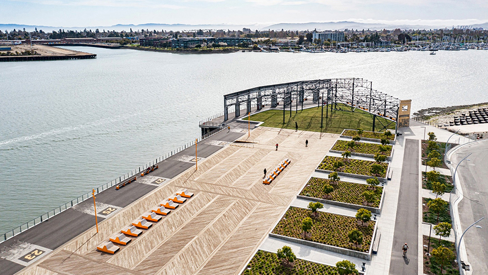 Color photograph of an aerial view of the Brooklyn Basin Township Commons urban waterfront park