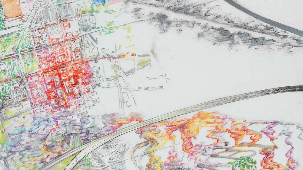 Detail of the cover of Simonetta Moro showing an abstract painting of an aerial view of a highway, suburbs, and clouds