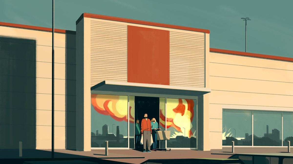 Color digital illustration of the facade of a big box store seen from the parking lot; leaving the entrance are three people and a shopping cart; reflecting on the entrance glass is a large fire explosion in the distance