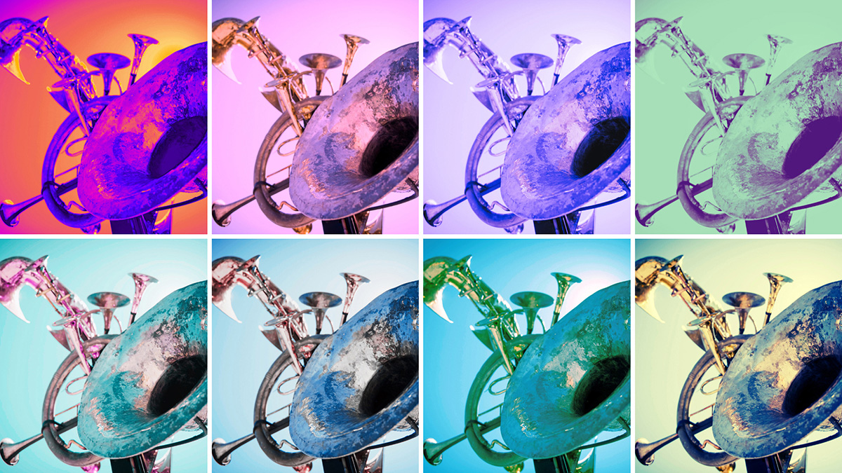 Eight images of the same brass instruments, each overlaid with a different color