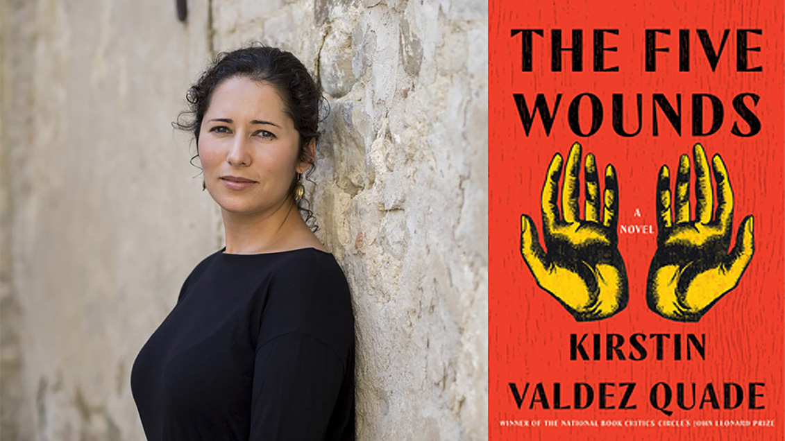 Split-screen image with a photograph of Kirstin Valdez Quade on the left and the cover of her book &quot;The Five Wounds&quot; on the right