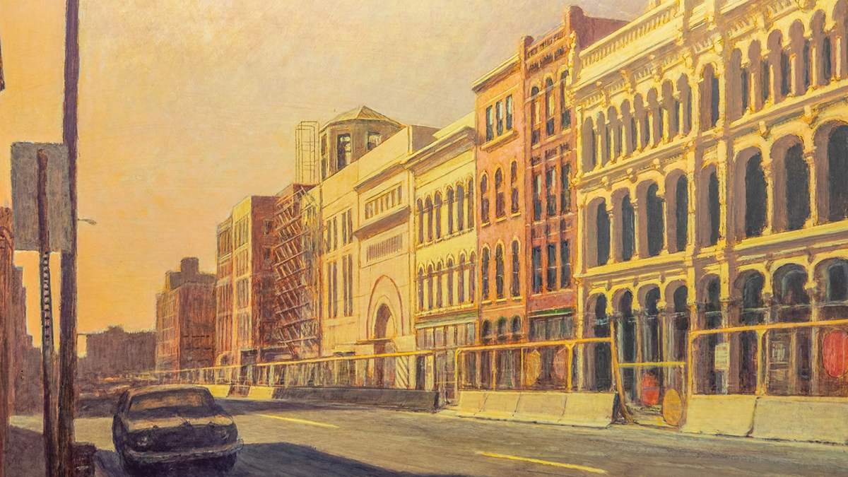 Painting of a street with buildings