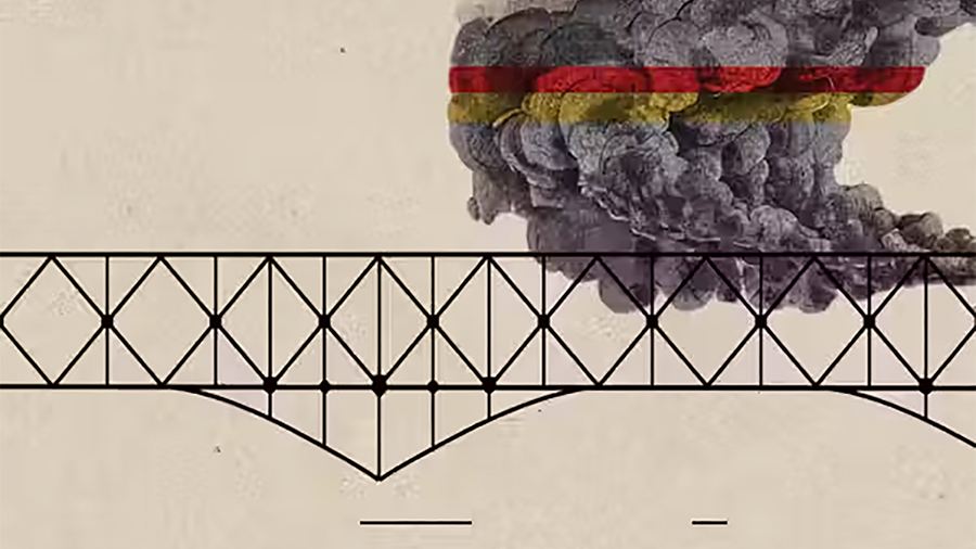 Detail of book cover with an illustration of a train bridge and black smoke