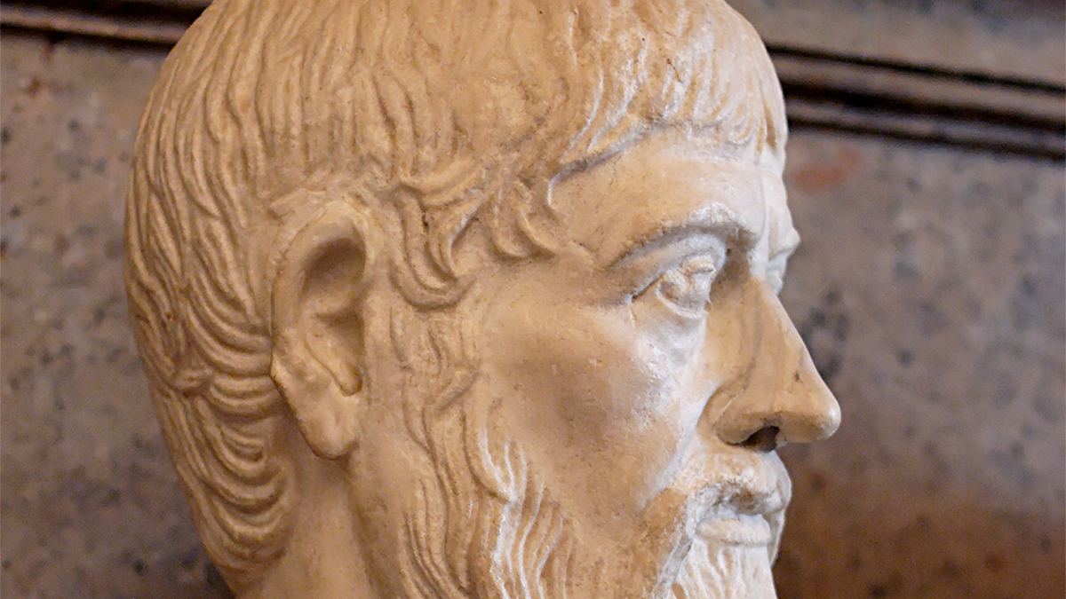 Color photo of the head of a carved white marble bust, showing a man in profile