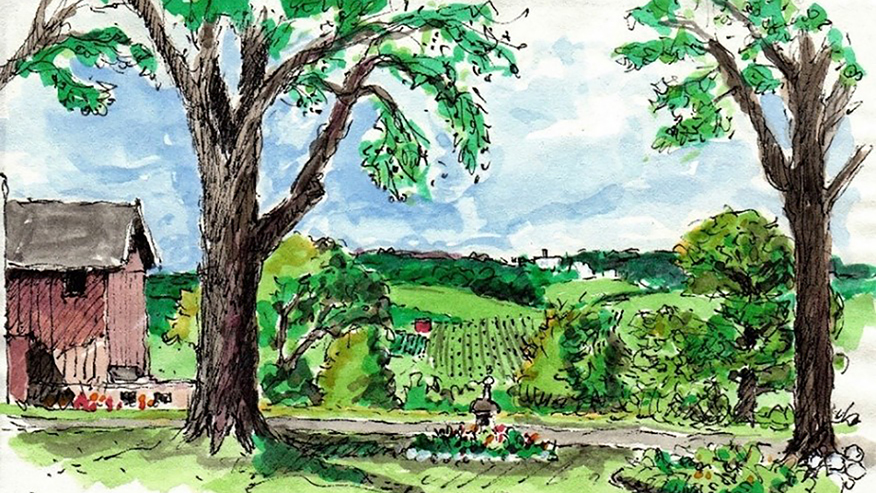 Watercolor by Dewey Thorbeck of a family farm and adjacent crop fields near Lanesboro, Minnesota