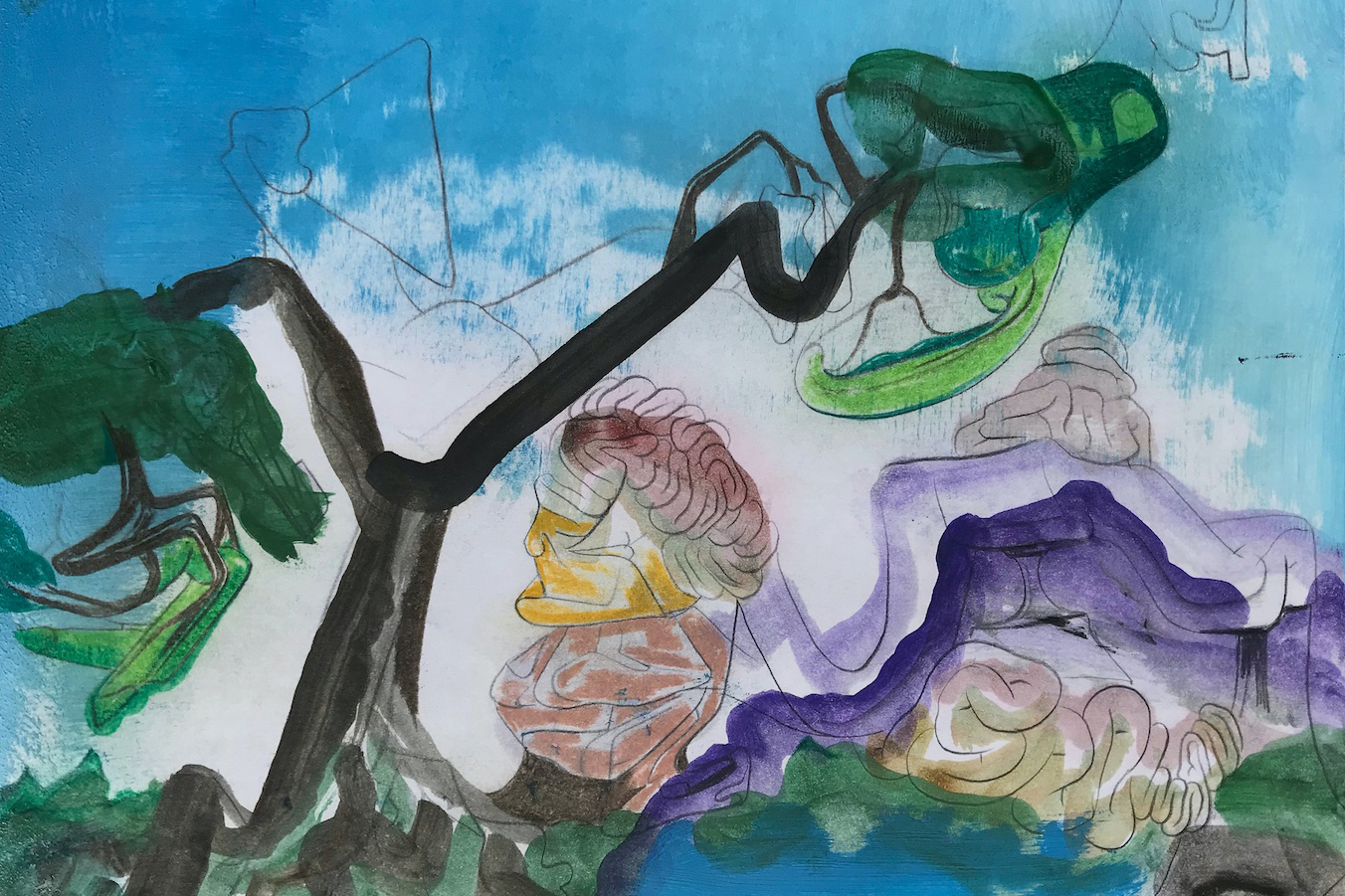 Detail of a painting (created with graphite pencil, wax pencil, watercolor, and oil paint on paper) that depicts an absracted green and brown tree against a blue white and purple sky background