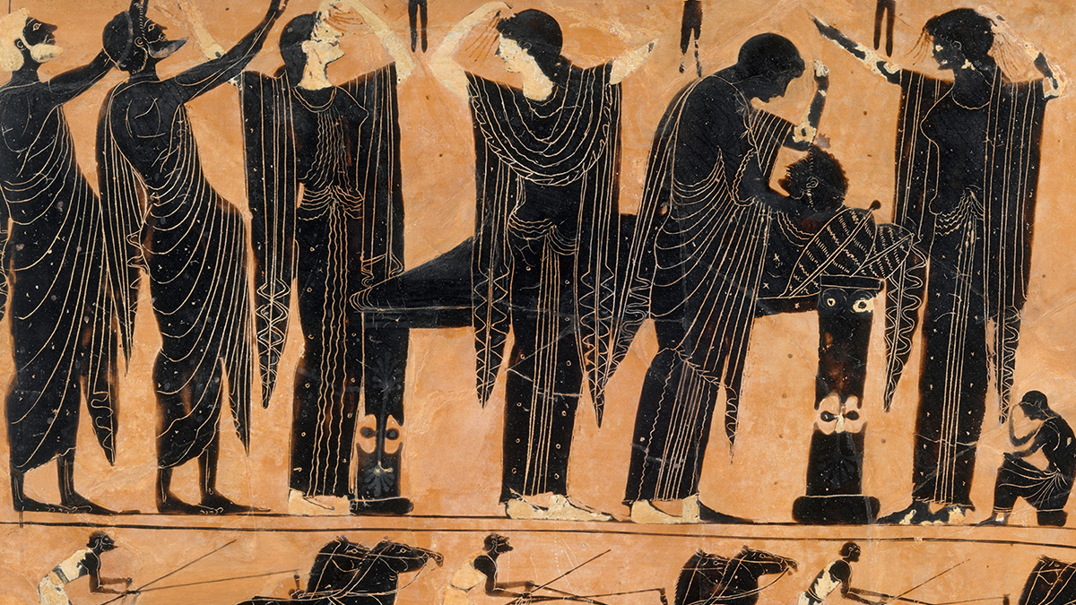 Color photo of a detail of a black figure vase painting depicting a funeral procession
